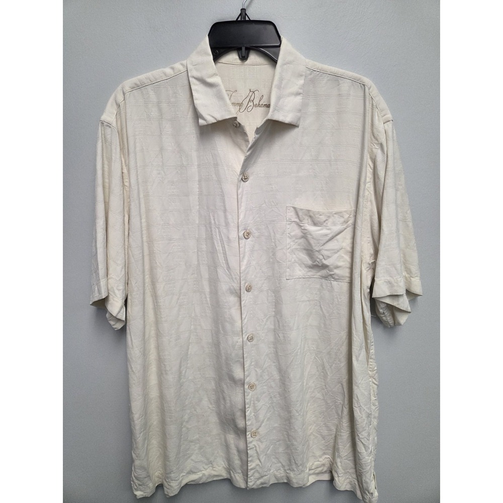 Tommy Bahama Camp Shirt Men's Lg Ivory 100% Silk Hawaiian Classic Timeless